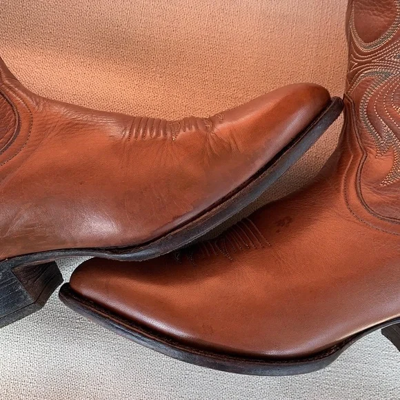 LARRY MAHAN Vintage Star Inlay Tall Mid-Calf Brown Leather Cowgirl Western Boots - Picture 11 of 13